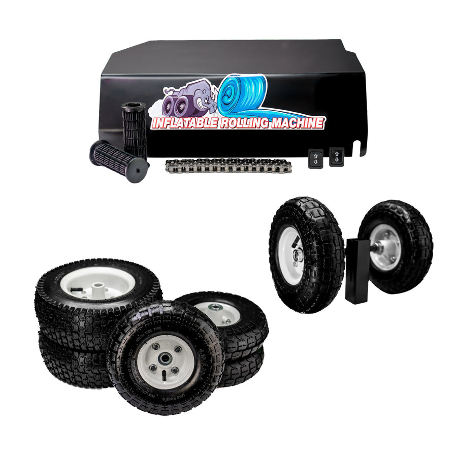 Image that shows the variety of replacement parts for the IRM-800 & IRM-2000 Rolling Machine. The motor cover, chain, handle grips, power switch, wheels and tires as well as the rear dolly support for both IRM models.