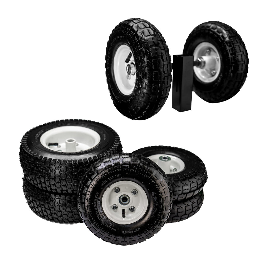 Image to showcase the both front and rear tires that fit both the IRM-800 & IRM-2000 series Inflatable Rolling Machine. Also includes image of the rear, two wheel support dolly.