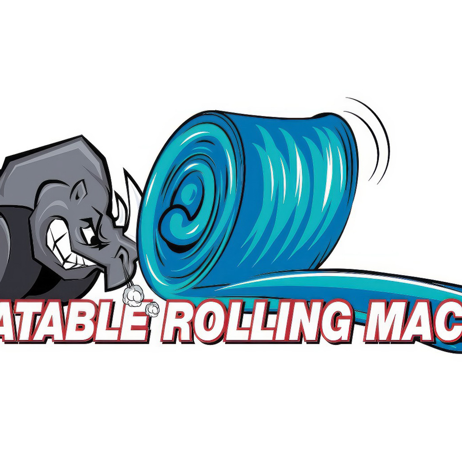Image of the logo for Inflatable Rolling Machine, a Rhino using strong force to roll up an inflatable. The text Inflatable Rolling Machine beneath the graphic. The image when clicked goes to the main product page of both IRM-800 & IRM-2000.