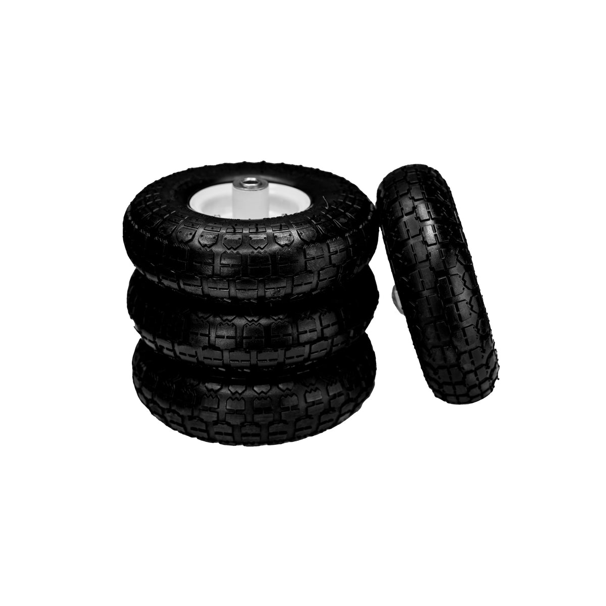 Image of 4 front tires, that are sold as replacements on the IRM-800 & IRM-2000 series Inflatable Rolling Machine.